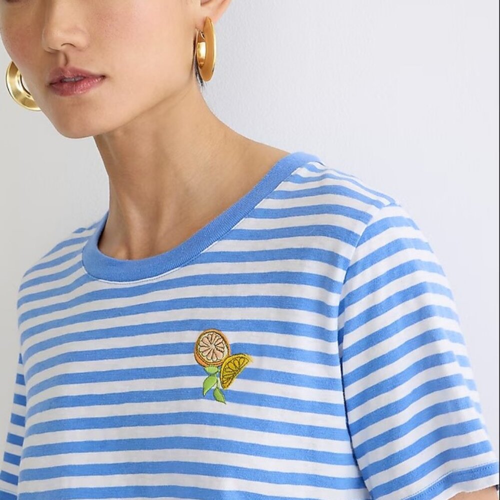 NWT J. Crew Wide Sleeve Top Size S Blue stripe Orange Slice Chest Emblem Graphic